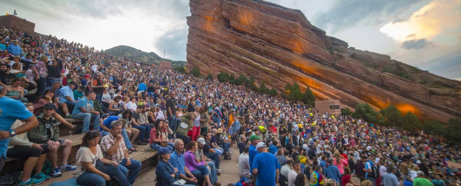 Red Rocks Amphitheatre at sunset near Denver, Colorado