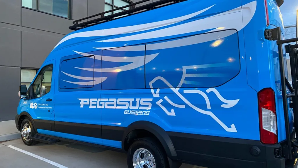 Pegasus Bustang route from Denver to Vail, showcasing bus features and travel path.