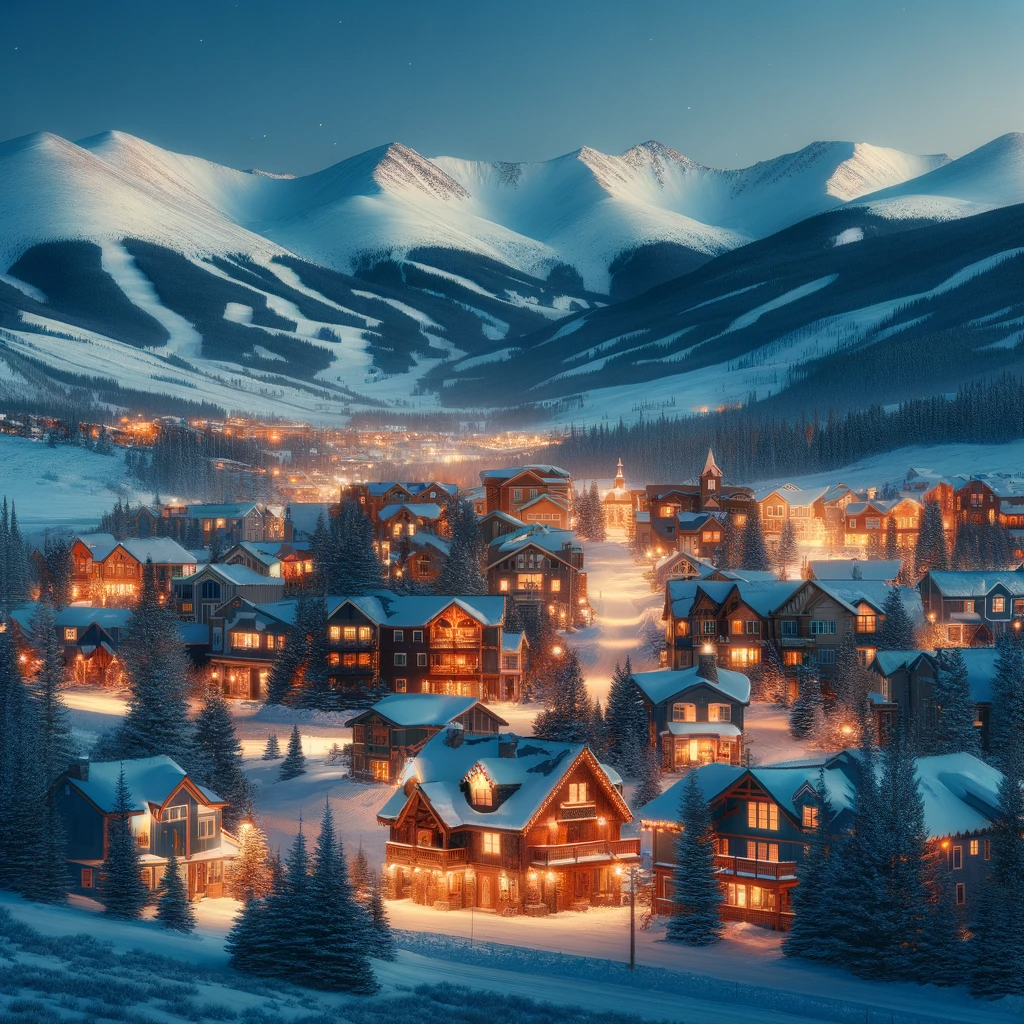 Scenic evening view of Breckenridge with warmly lit chalets under a twilight sky, highlighting luxury transport from Denver